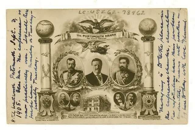 A 1905 postcard celebrating the Portsmouth Peace Treaty, with portraits of the czar, Theodore Roosevelt, and the Japanese emperor.