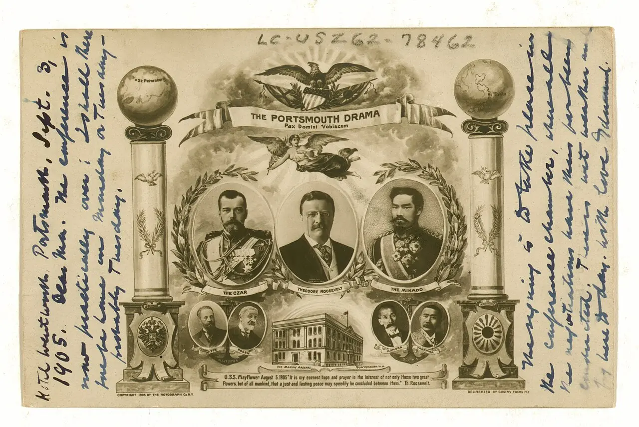 A 1905 postcard celebrating the Portsmouth Peace Treaty, with portraits of the czar, Theodore Roosevelt, and the Japanese emperor.