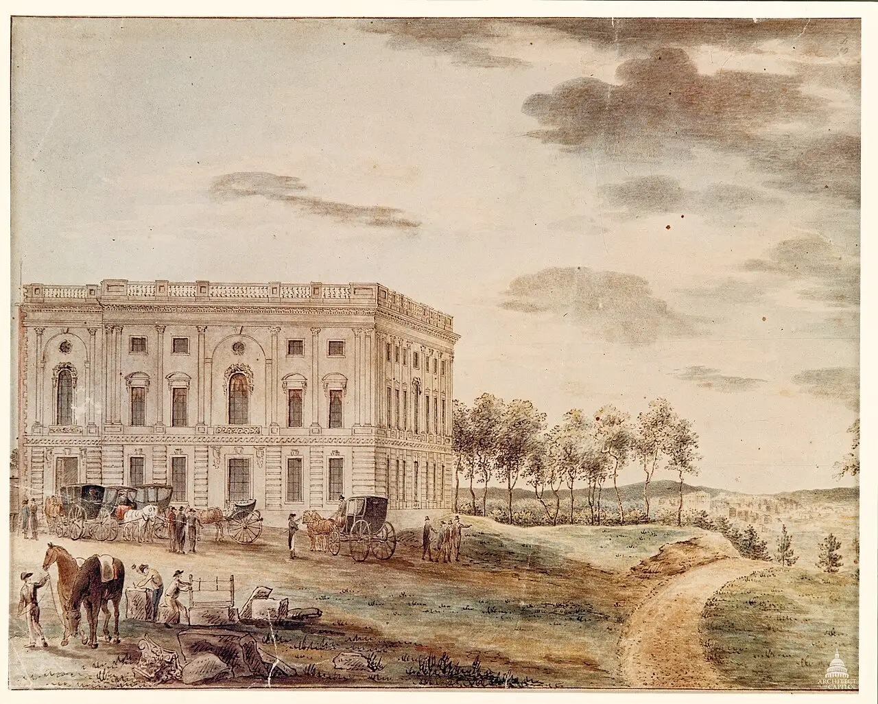 A watercolor of the unfinished U.S. Capitol in 1800, the building where the House elected Thomas Jefferson president