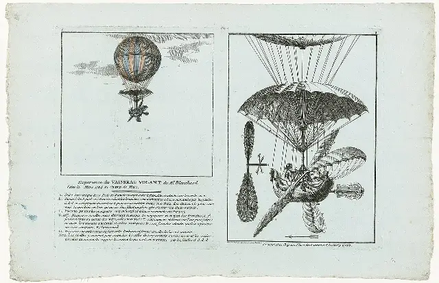 An 18th-century engraving of Jean-Pierre Blanchard's balloon design with its parachute and wing-like appendages
