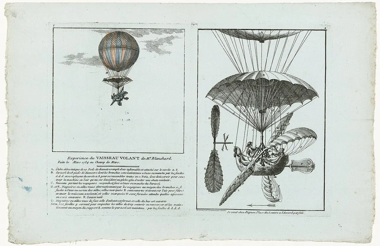 An 18th-century engraving of Jean-Pierre Blanchard's balloon design with its parachute and wing-like appendages