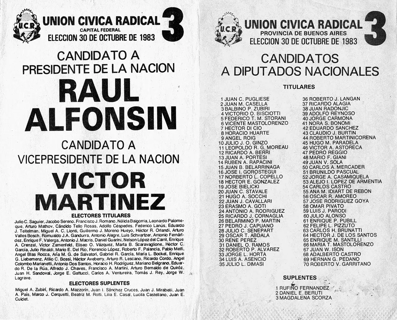 The 1983 Unión Cívica Radical election ballot listing presidential candidate Raúl R. Alfonsín and vice-presidential candidate Víctor H. Martínez, with photographs of both men