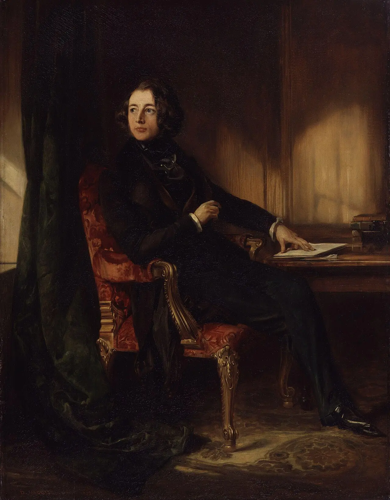 Daniel Maclise's 1839 portrait of a young Charles Dickens seated at a desk