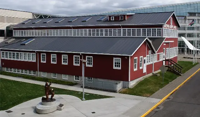 Boeing's original red-painted wooden barn factory, the birthplace of the Boeing Company, at the Museum of Flight in Seattle.