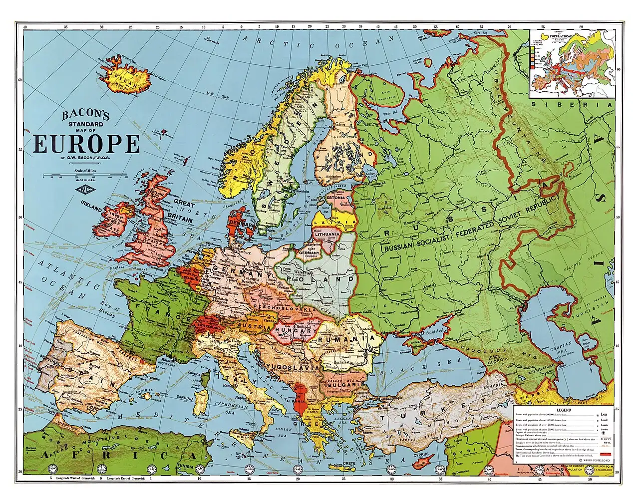 A 1923 map of Europe showing the newly formed Union of Soviet Socialist Republics