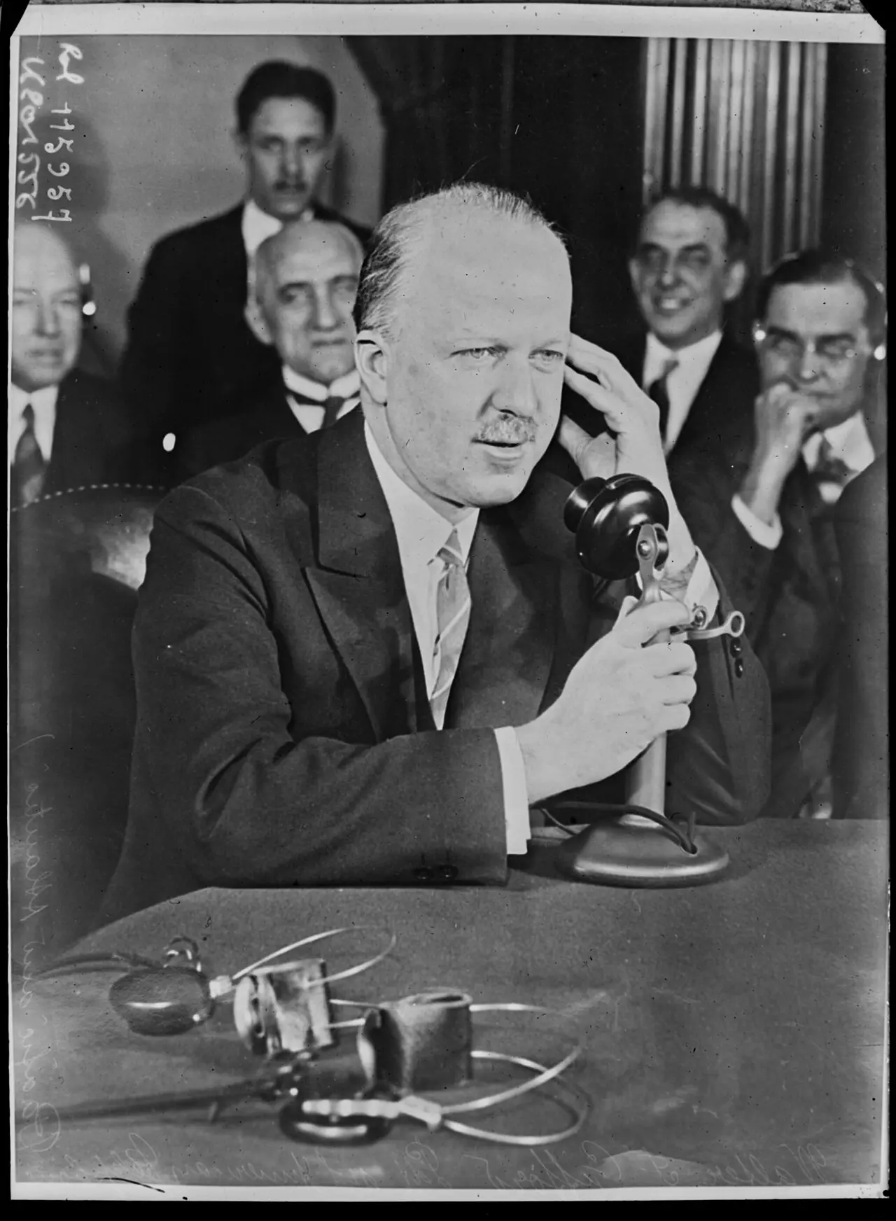 AT&T president Walter S. Gifford speaking on a telephone in a January 1927 press photograph