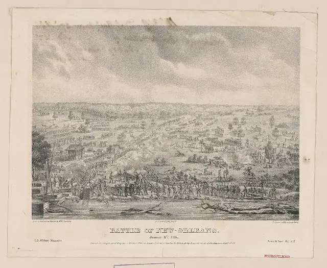 1815 engraving of the Battle of New Orleans showing American troops firing from earthworks as British columns advance across the field.
