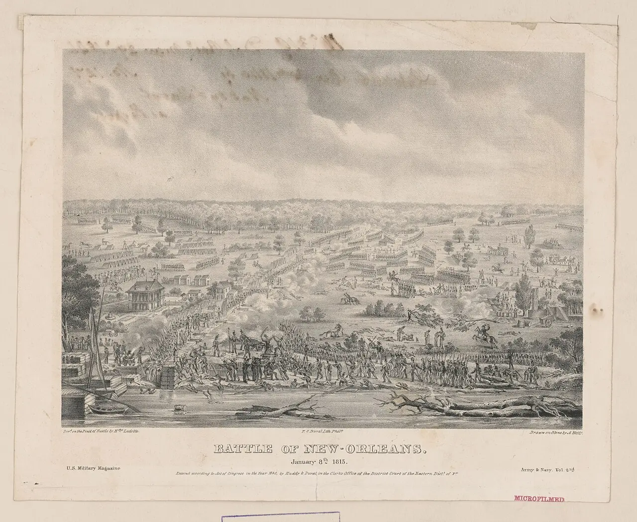 1815 engraving of the Battle of New Orleans showing American troops firing from earthworks as British columns advance across the field.