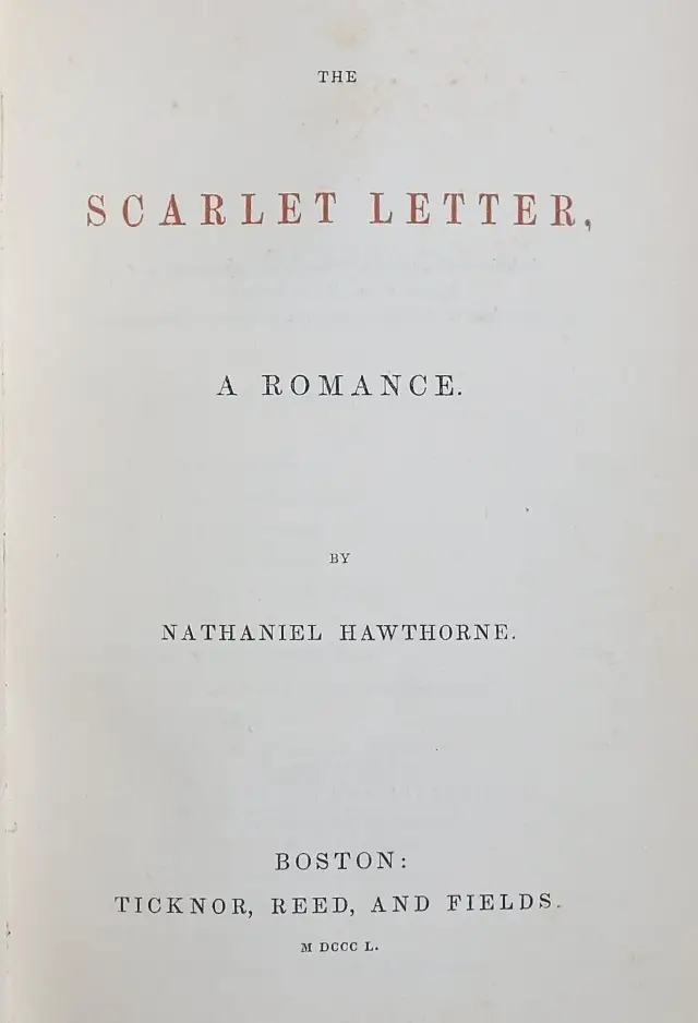 Title page of the 1850 first edition of Nathaniel Hawthorne's The Scarlet Letter, published in Boston by Ticknor, Reed, and Fields.