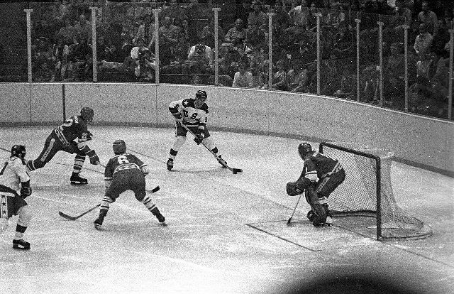 Game action from the USA vs. Soviet Union ice hockey match at the 1980 Winter Olympics in Lake Placid