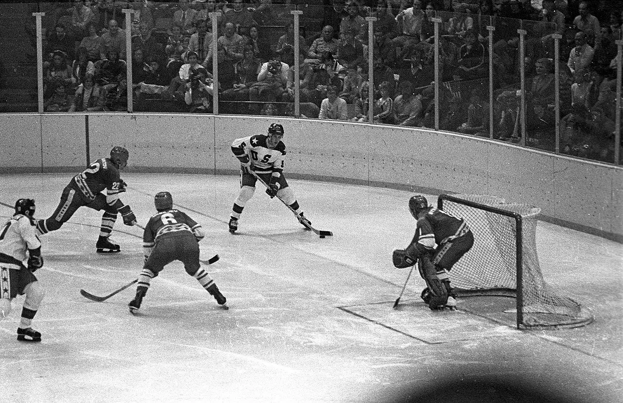 Game action from the USA vs. Soviet Union ice hockey match at the 1980 Winter Olympics in Lake Placid