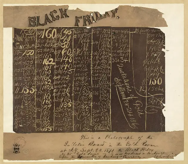 Photograph of the New York Gold Room's bulletin board recording gold prices on Black Friday, September 24, 1869