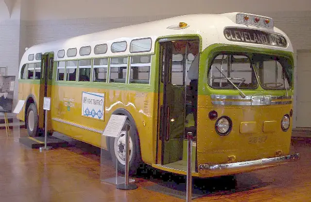 The restored Montgomery city bus No. 2857 — the bus Rosa Parks was riding when she was arrested — on display at the Henry Ford Museum