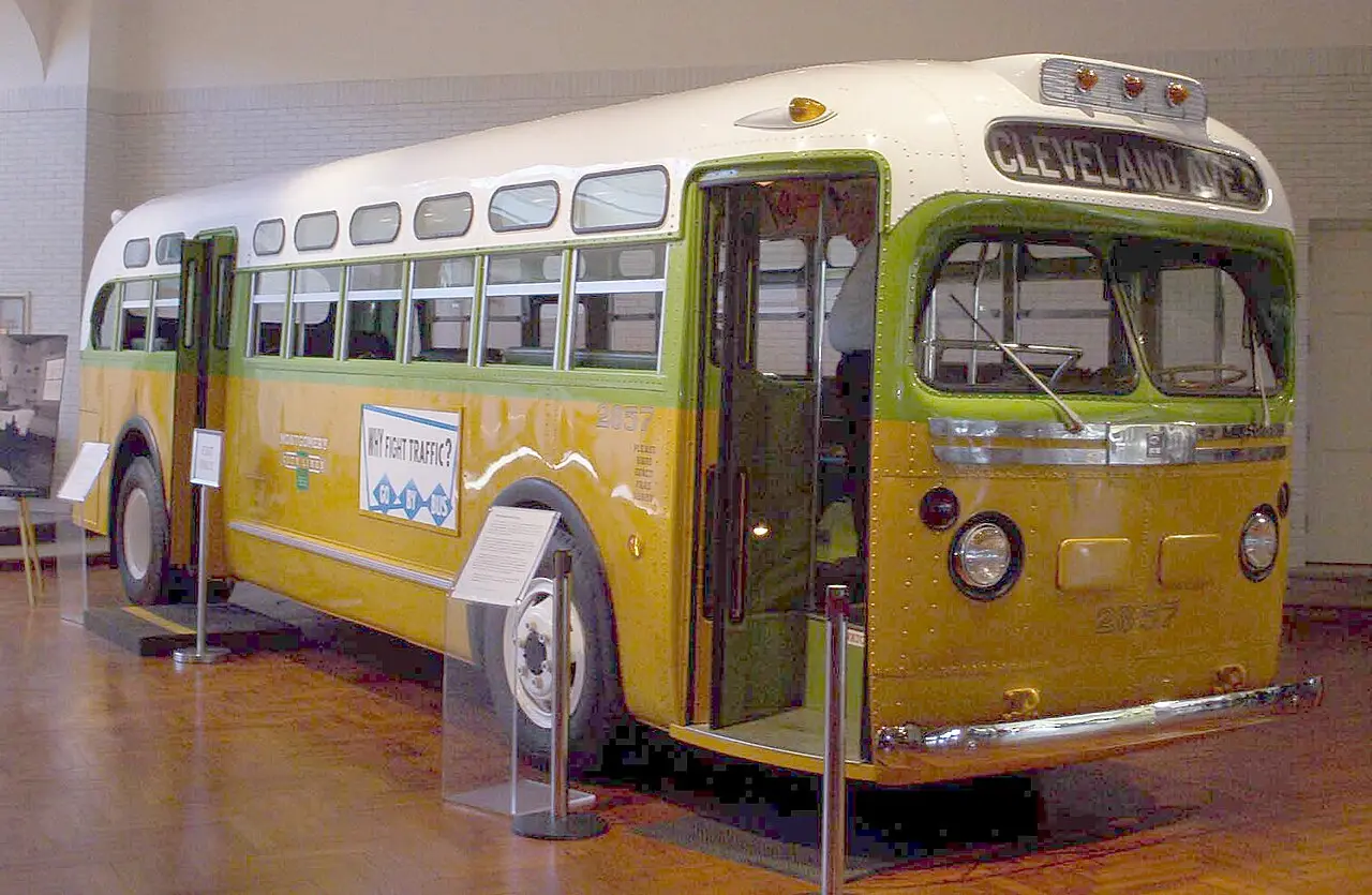 The restored Montgomery city bus No. 2857 — the bus Rosa Parks was riding when she was arrested — on display at the Henry Ford Museum