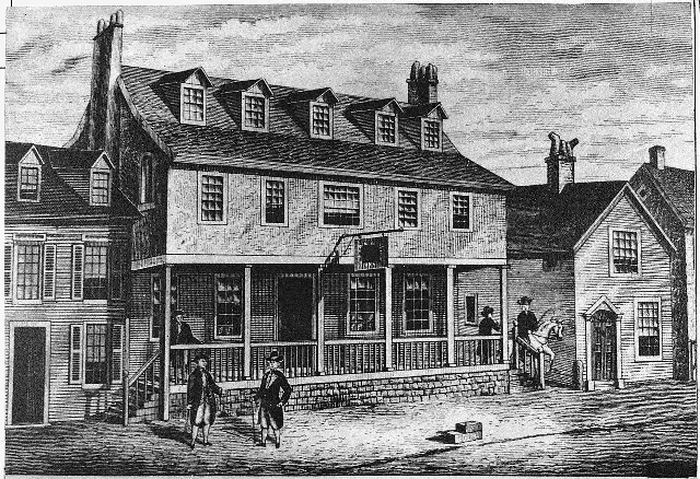 Illustrative: a period engraving of the old Tun Tavern in Philadelphia, the 18th-century brewhouse where the Continental Marines were raised — the original building burned down in 1781.