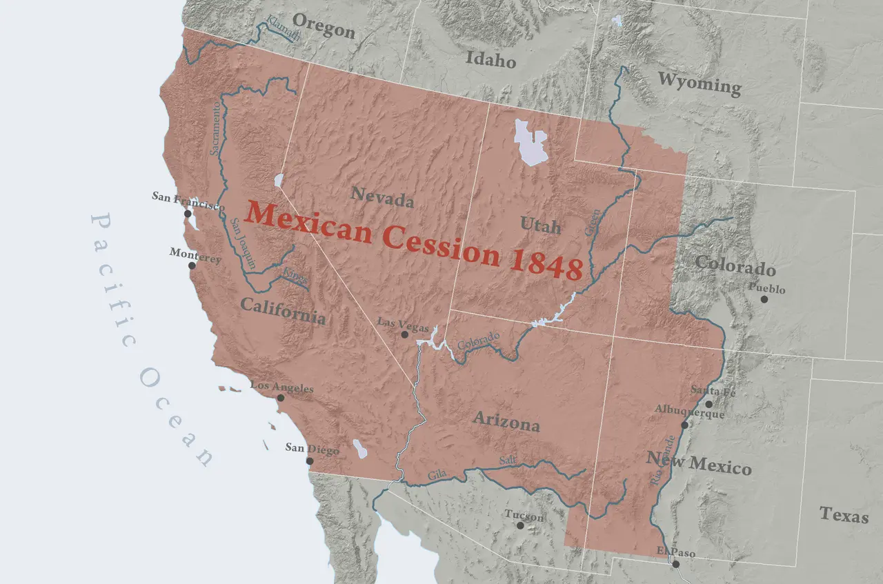 Map showing the Mexican Cession of 1848, the territory Mexico ceded to the United States under the treaty.