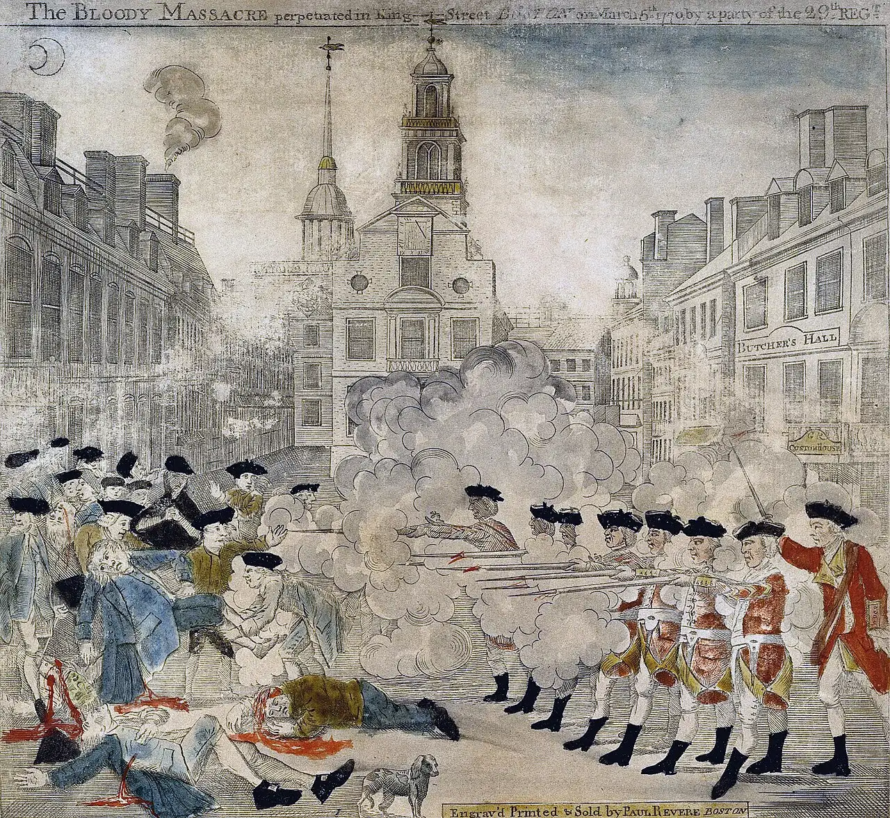 Paul Revere's hand-colored 1770 engraving of the Boston Massacre: British soldiers firing on a crowd on King Street.