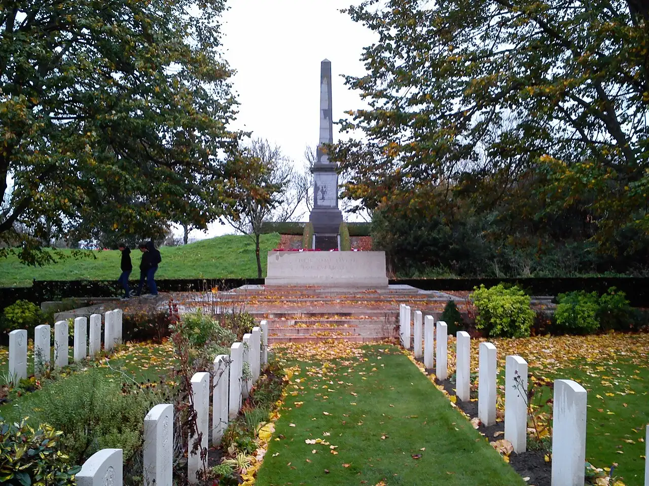 The John McCrae memorial at Essex Farm near Ypres, with rows of war graves and an obelisk