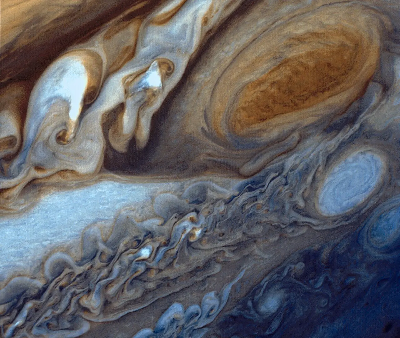 Jupiter's turbulent clouds and the Great Red Spot, photographed by Voyager 1 in 1979.
