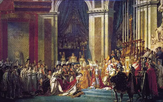 Jacques-Louis David's 'The Coronation of Napoleon' (1807), showing Napoleon crowning Josephine at Notre-Dame at the height of his power.