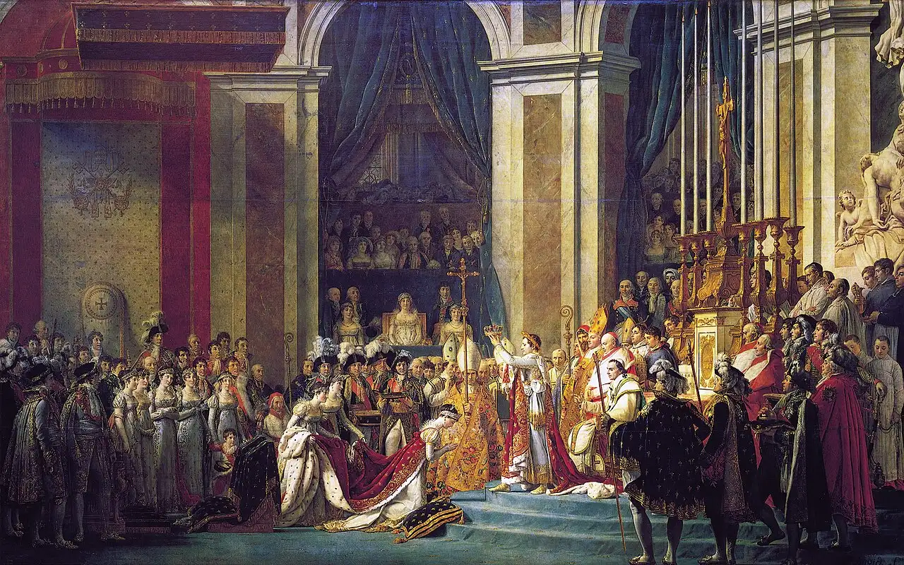 Jacques-Louis David's 'The Coronation of Napoleon' (1807), showing Napoleon crowning Josephine at Notre-Dame at the height of his power.