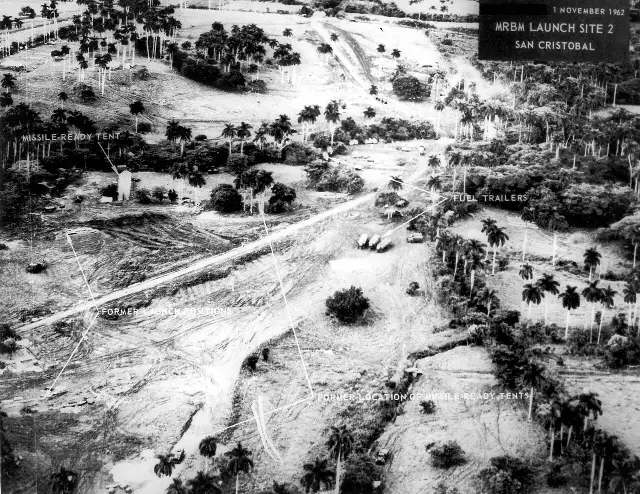 Annotated U.S. aerial reconnaissance photograph of MRBM Launch Site 2 at San Cristobal, Cuba, dated November 1, 1962, showing missile-ready tents, fuel trailers, and former launch positions among palm trees