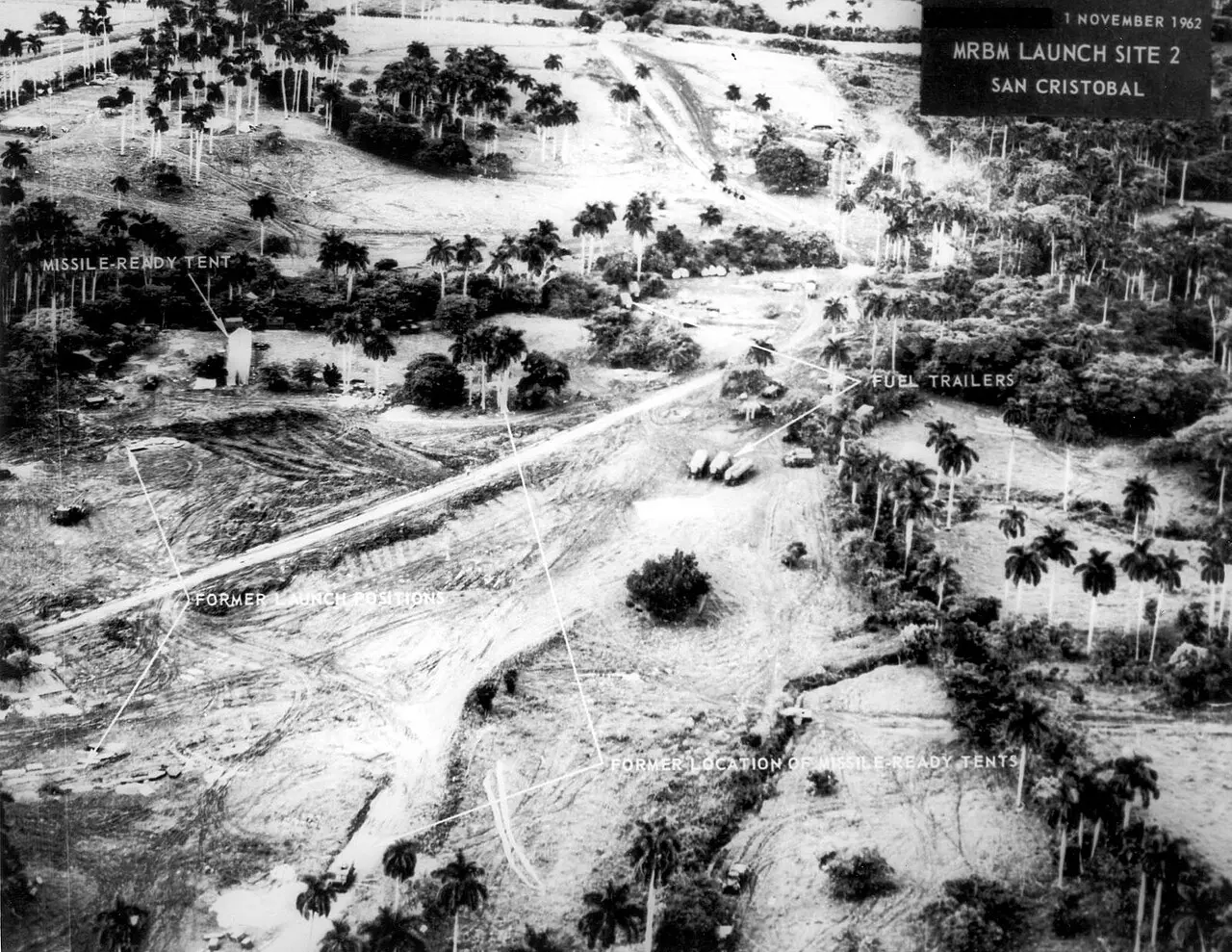Annotated U.S. aerial reconnaissance photograph of MRBM Launch Site 2 at San Cristobal, Cuba, dated November 1, 1962, showing missile-ready tents, fuel trailers, and former launch positions among palm trees