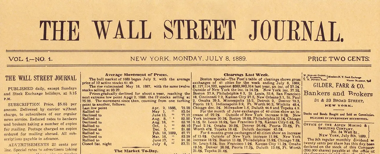 The front page of Vol. 1, No. 1 of The Wall Street Journal, dated July 8, 1889.