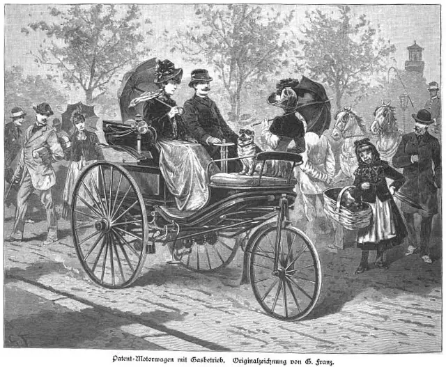 A contemporary 1888 engraving of the Benz Patent-Motorwagen, the three-wheeled automobile Bertha Benz drove from Mannheim to Pforzheim on August 5, 1888.