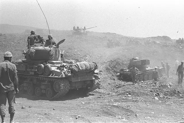 Israeli tanks advancing across the Golan Heights during the Six-Day War, June 1967.