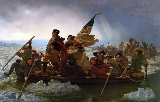 Emanuel Leutze's 1851 painting 'Washington Crossing the Delaware,' showing Washington standing in a boat crossing an icy river