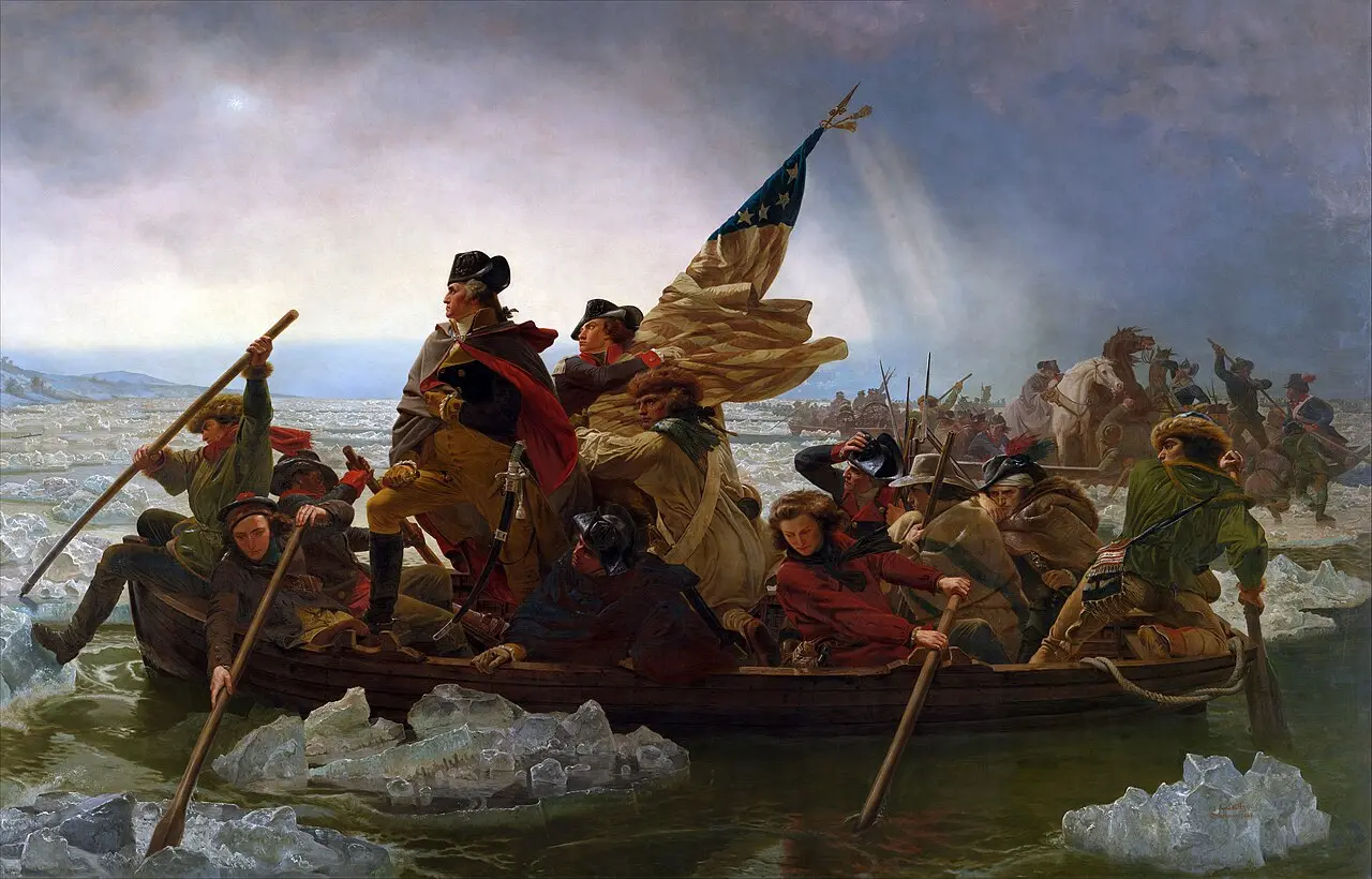 Emanuel Leutze's 1851 painting 'Washington Crossing the Delaware,' showing Washington standing in a boat crossing an icy river