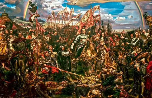 Jan Matejko's painting of King Jan III Sobieski on horseback sending news of the 1683 victory at Vienna to the Pope, with Polish hussars and a rainbow over the battlefield.