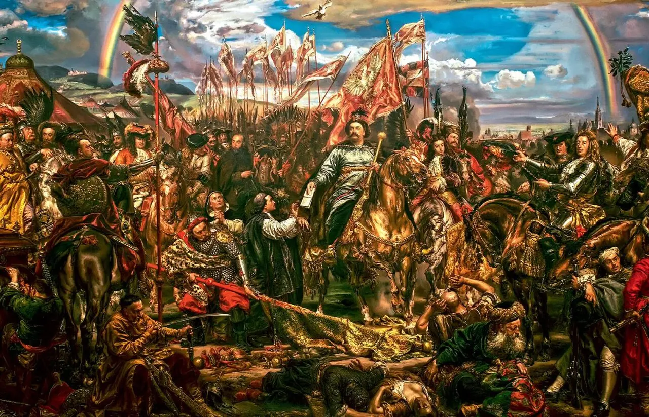 Jan Matejko's painting of King Jan III Sobieski on horseback sending news of the 1683 victory at Vienna to the Pope, with Polish hussars and a rainbow over the battlefield.
