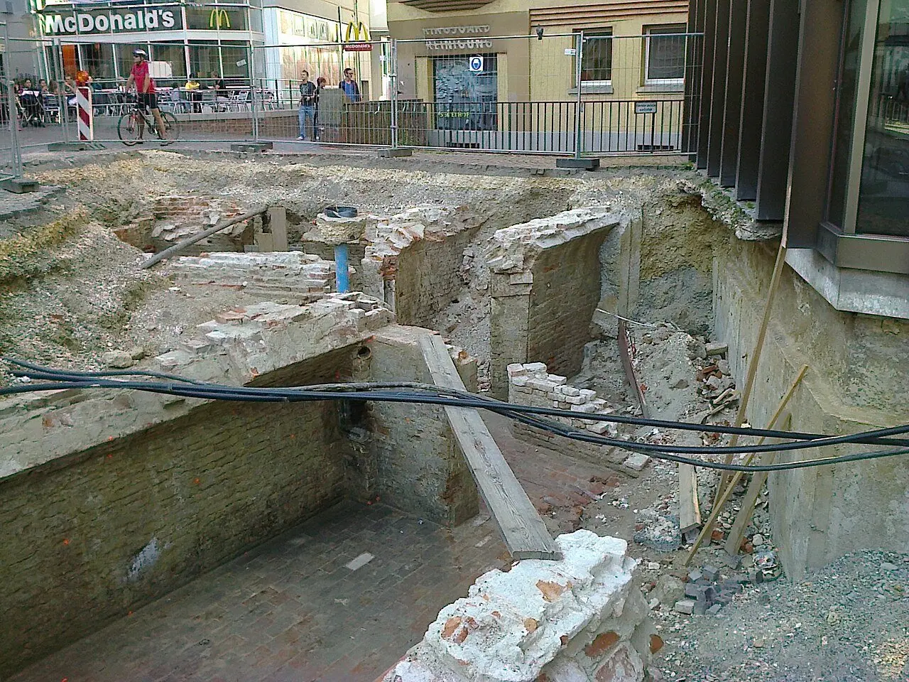 The excavated foundations of Albert Einstein's birthplace in Ulm, Germany, photographed during the 2012 archaeological excavation; the house itself was destroyed in a World War II air raid.