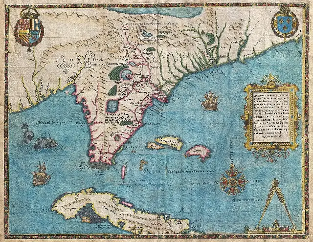 A 1591 map of Florida by Jacques le Moyne, engraved by Theodor de Bry; illustrative.