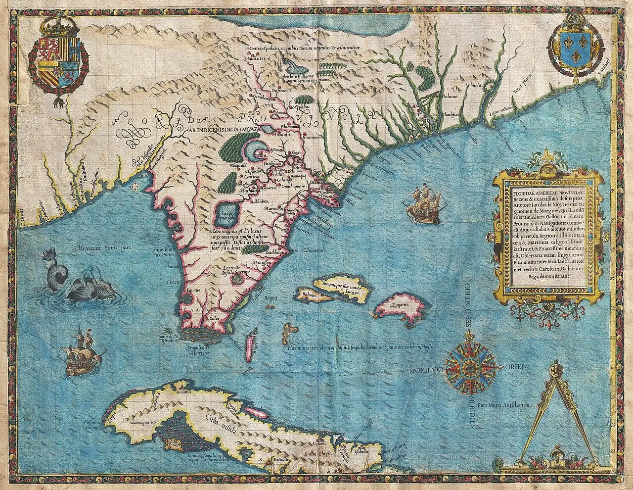 A 1591 map of Florida by Jacques le Moyne, engraved by Theodor de Bry; illustrative.