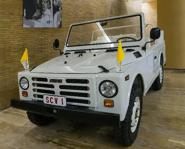 The white Fiat Campagnola popemobile Pope John Paul II was riding when shot on May 13, 1981, now displayed at the Vatican Museums.
