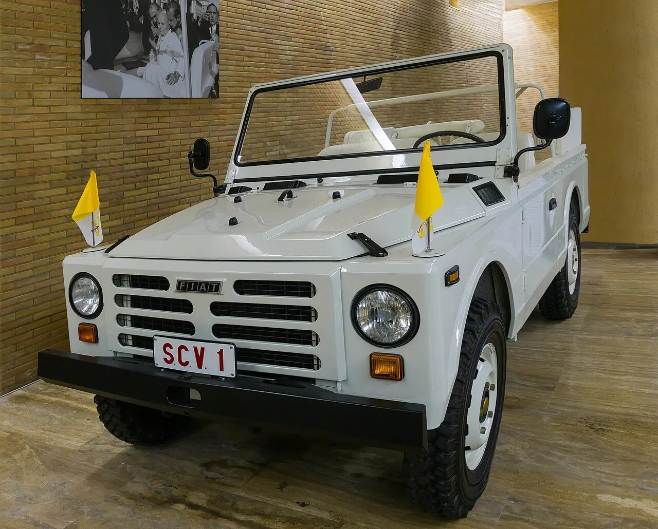 The white Fiat Campagnola popemobile Pope John Paul II was riding when shot on May 13, 1981, now displayed at the Vatican Museums.