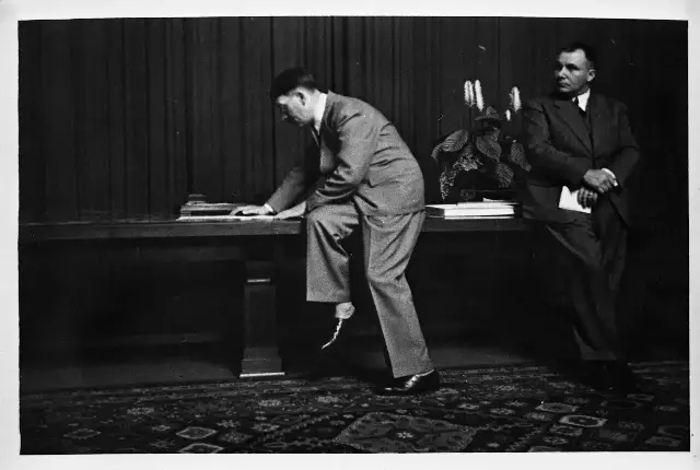 Adolf Hitler at his Berghof retreat on August 23, 1939, awaiting word of the Nazi-Soviet pact being signed in Moscow (U.S. National Archives photo).