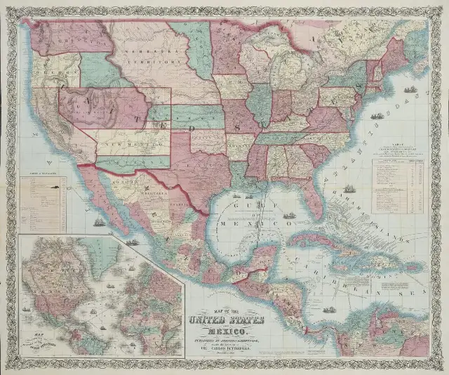 An 1859 map of the United States and Mexico showing the border set by the Gadsden Purchase