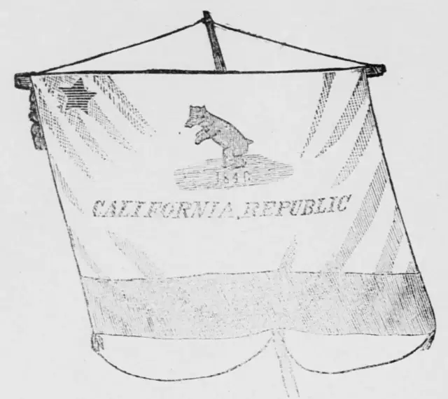 A period engraving of the original 1846 California Bear Flag, showing a grizzly bear, a lone red star, and the words California Republic.