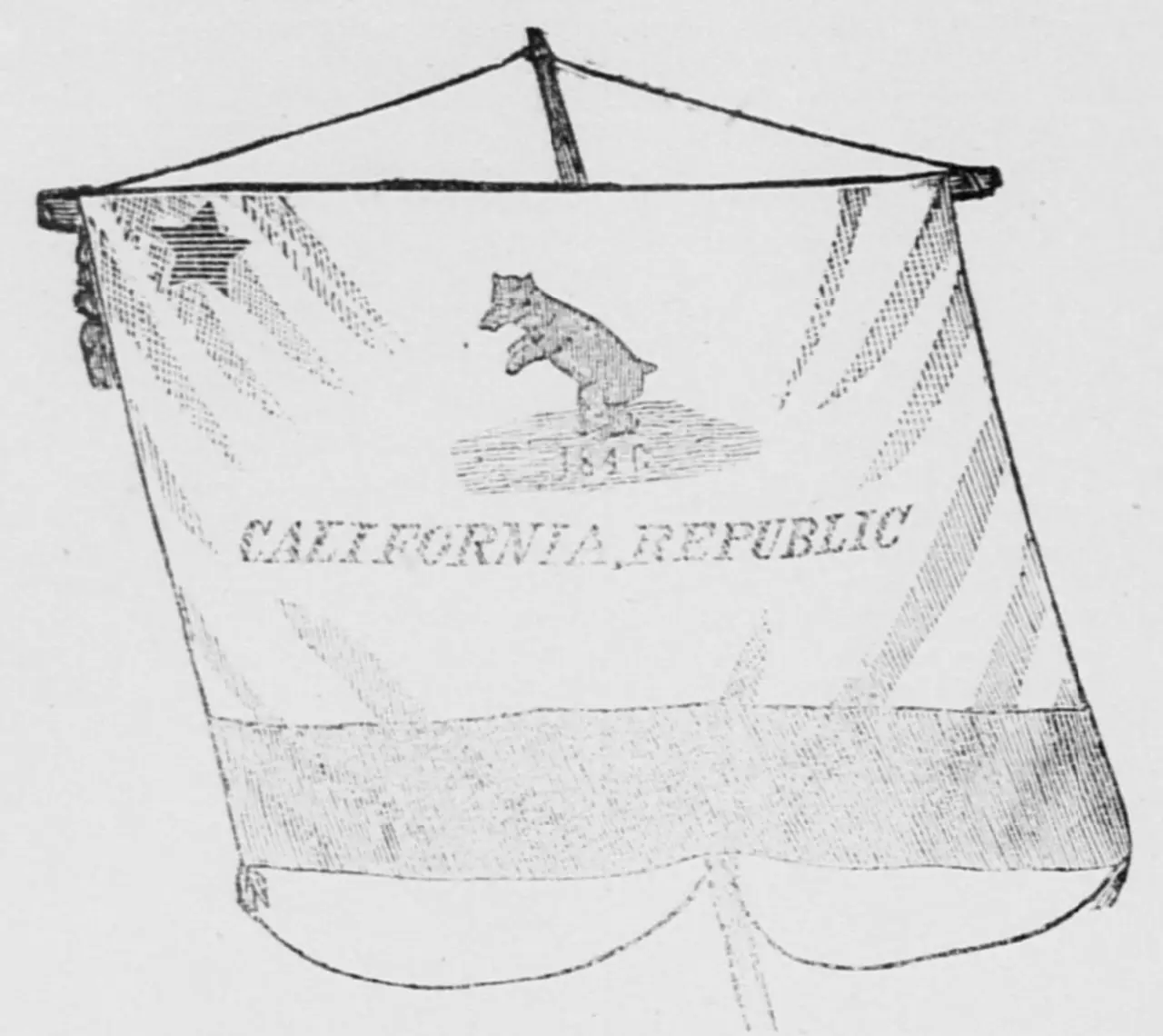 A period engraving of the original 1846 California Bear Flag, showing a grizzly bear, a lone red star, and the words California Republic.