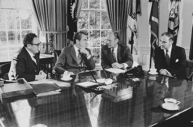 President Richard Nixon meeting in the Oval Office with Gerald Ford, Henry Kissinger, and Alexander Haig on October 13, 1973.