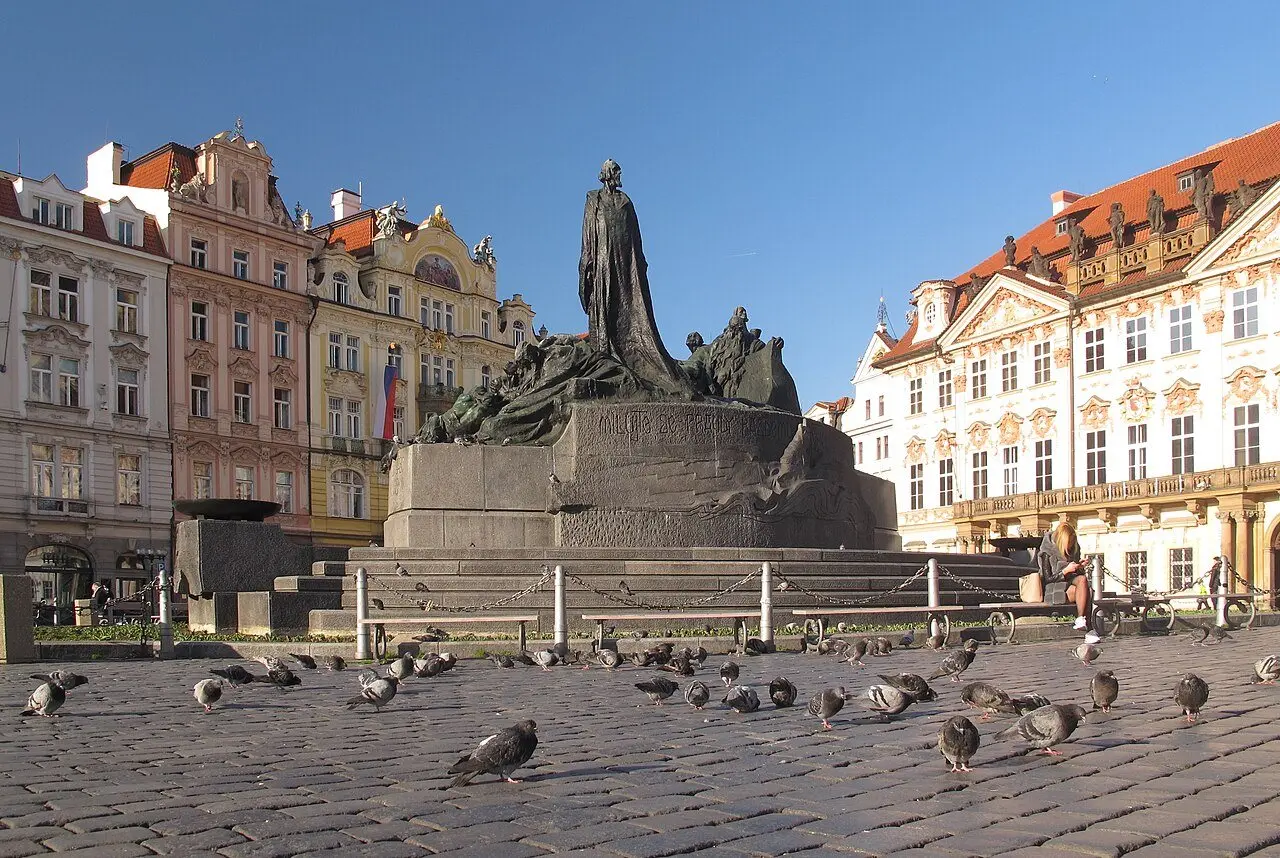 The Jan Hus Memorial statue in Prague's Old Town Square.