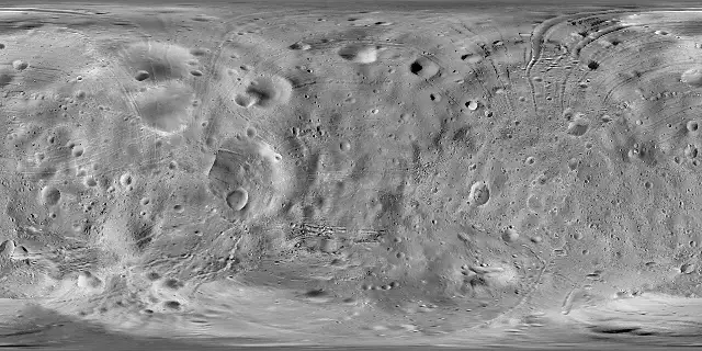 A mosaic map of Phobos, the larger moon of Mars, assembled from NASA Viking orbiter images.