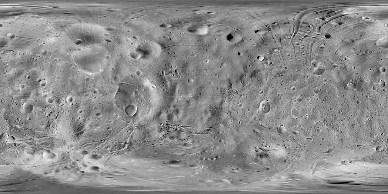 A mosaic map of Phobos, the larger moon of Mars, assembled from NASA Viking orbiter images.