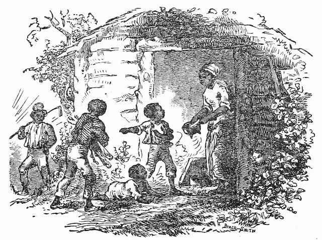 An 1852 first-edition illustration from Uncle Tom's Cabin showing an enslaved family outside a log cabin.