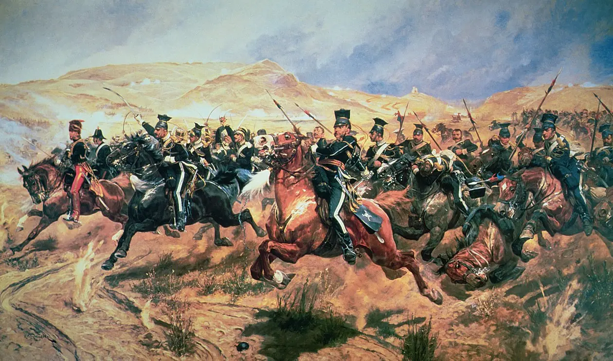 Richard Caton Woodville Jr.'s painting of British cavalrymen charging through smoke and dust at Balaclava, sabers raised.