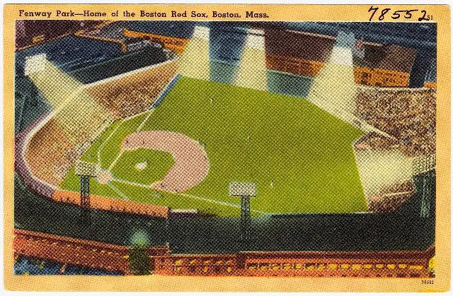 A vintage Tichnor postcard (circa 1930s–40s) of Fenway Park at night — a later image, illustrative.